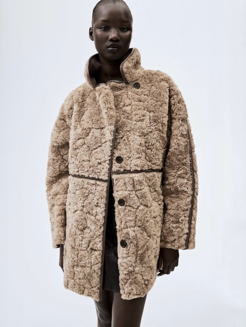 Women’s Taupe Faux Shearling Coat - Cozy Long Jacket